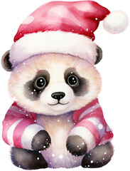 Wall Mural - Watercolor Isolated Pink Panda Wearing Santa Hat