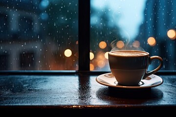 Poster - Rainy day. Enjoying warm cup by window. Cosy reflections. Coffee on wooden table by rain streaked. Morning in rainy hues. Aromatic by wet