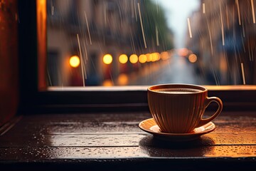 Wall Mural - Rainy day. Enjoying warm cup by window. Cosy reflections. Coffee on wooden table by rain streaked. Morning in rainy hues. Aromatic by wet