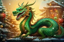 A Cute Cartoon Green Dragon Sits Next To The Christmas Tree. The Fabulous Green Wooden Dragon Is The Symbol Of 2024 New Year.