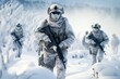 © bluebeat76 - Soldiers in winter camouflage patrolling a snowy landscape, showcasing military preparedness. Generative Ai