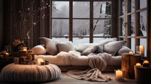 Cozy Room With Large Windows Through Which You Can See A Winter Landscape