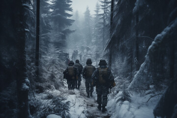 soldiers walk through the forest in winter, a secret special operation