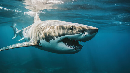 Wall Mural - Shark swimming under sun rays in the blue ocean waters. Generative AI