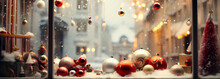 Christmas Decorations Sit By A Window, Snow Falls Outside, Creating A Cozy Festive Atmosphere Inside