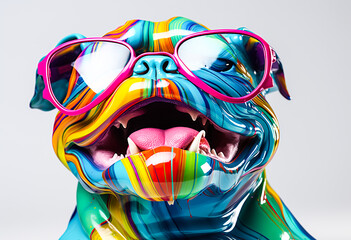 Wall Mural - Fantasy digital art of bulldog wearing glasses with multicolored liquid in surface.funny animal in surreal surrealism ideas.creativity and inspiration background.