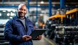 © XC Stock - Smiling African american  car mechanic man holding a tablet computer in auto repair shop, African American mechanic man happy working in car garage