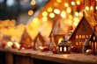 Festive Christmas Market - Close-up of a wooden stall displaying handcrafted ornaments amidst twinkling fairy lights - AI Generated