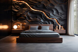 Fototapeta Do akwarium - Dormitorio elegante con luz tenue - Pared ecleptica luces - Marmol habitacion con cama matrimonio