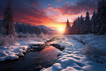 Wall Mural - Winter landscape. Winter forest in the rays of the setting sun