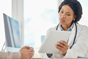 Poster - Tablet test results, doctor and patient talking in medical consultation, checkup and visit in clinic, hospital and healthcare center. Gp discussing treatment options and medicine side effects on tech