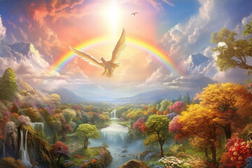 Wall Mural - the concept of ``garden of eden'' that appears in the old testament ``genesis''. doves and rainbows 