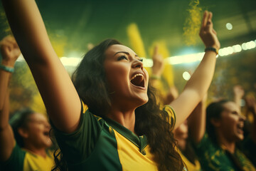 Wall Mural - female fans screaming supporting australian team at women's world cup in stadium wearing yellow and green