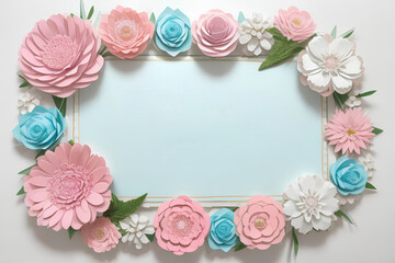 Wall Mural - Flatlay of a paper cut flowers in pastel pink,blue and white colors at the blue background with frame,copy space.