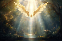 The Concept Of ``Garden Of Eden'' That Appears In The Old Testament ``Genesis''. Angel Wings Descend On "Paradise". The Garden Is Filled With Light Filled With Happiness, Hope, And Love.