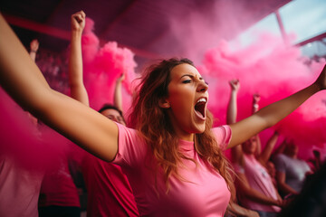 Wall Mural - woman and group of fans celebrating and screaming supporting team in stadium seats wearing pink with smoke