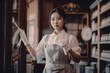 portrait of girl with japanese maid costume in vintage restaurant. Neural network AI generated art