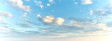 Fototapeta  - Bright sky on cloudy morning with soft clouds, calm sunrise with copy space. Fresh air on a soothing day, details of cloud shapes and patterns at sunset. Beautiful harmony in nature on zen afternoon