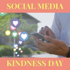 Poster - Social media kindness day text and hands of biracial businessman using smart phone with heart icons