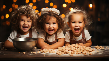 Happy family funny kids bake cookies in kitchen. Creative and happy childhood concept.