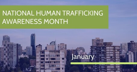 Poster - Animation of human trafficking awareness text over cityscape