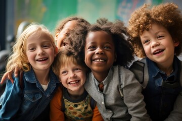 diverse kids hugging at school and posing for photo. Inclusive education banner, candid moment.
