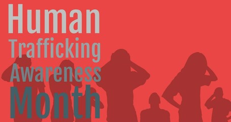 Poster - Animation of human trafficking awareness text over silhouette on red background