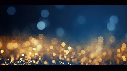 Poster - Christmas Golden light shine particles bokeh on navy blue background. Holiday concept. Abstract background with Dark blue and gold particle.