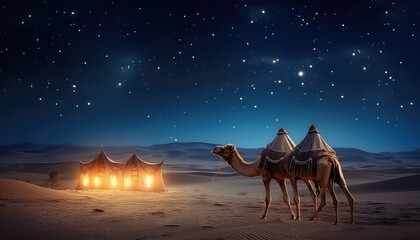 Wall Mural - Camel at night in desert with stars, ramadan concept