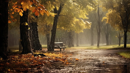 landscape autumn rain drops splashes in the forest background, october weather landscape beautiful park