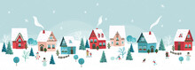 Cute Hand Drawn Seamless Winter Landscape With Happy People Playing, Shopping, Walking, Vector Horizontal Banner Winter Wonderland