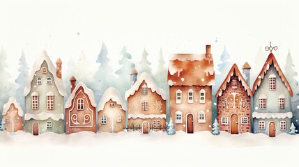 Canvas Print -  a watercolor painting of a winter scene with a row of houses in the foreground and trees in the background.  generative ai