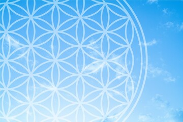 Wall Mural - Flower of life, spiritual symbol, sky cloud background