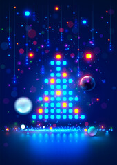 Aufkleber - Christmas tree on Christmas poster in computer technology style. New year, merry christmas congratulations card in computer tech design. Template Christmas cards in style of digital technology.