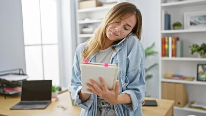 Canvas Print - Bright-eyed young blonde woman, a confident business worker engrossed in a captivating talk over her smartphone at the office desk, diligently taking key notes.