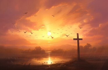 Wall Mural - Christian cross with birds flying in the sky during sunset