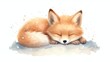 © Anna - a watercolor painting of a sleeping fox on a snow covered ground with its head resting on its paws, with its eyes closed.  generative ai