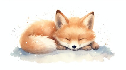 Poster -  a watercolor painting of a sleeping fox on a snow covered ground with its head resting on its paws, with its eyes closed.  generative ai