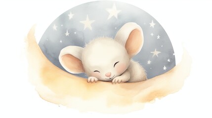 Poster -  a watercolor painting of a mouse sleeping on top of a crescent with stars on the side of the moon.  generative ai