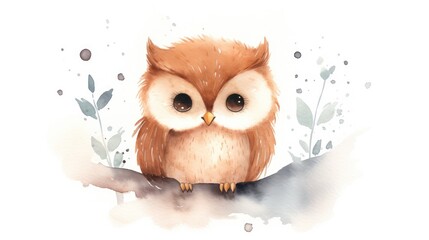 Sticker -  a watercolor painting of an owl sitting on a branch with leaves on it's back and eyes wide open.  generative ai