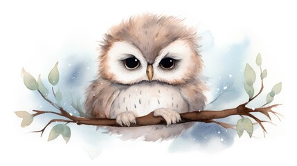 Wall Mural -  a watercolor painting of an owl sitting on a branch with snow falling down on it's head and eyes.  generative ai