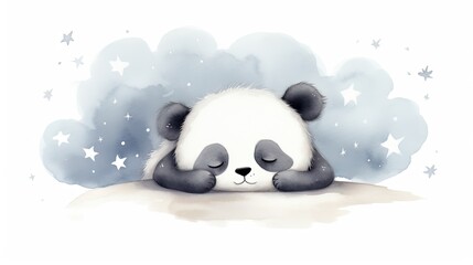 Poster -  a painting of a panda bear sleeping on a cloud with stars in the sky above it and a cloud in the background.  generative ai