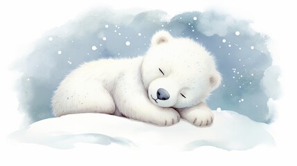 Sticker -  a drawing of a polar bear sleeping on a snow covered ground with his head resting on his paw on top of a pile of snow.  generative ai