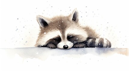 Poster -  a painting of a raccoon resting its head on a piece of paper with snow falling down on it.  generative ai