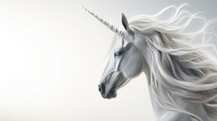 Wall Mural -  a close up of a white unicorn with a long mane and a blue - eyed look on its face, with long hair blowing in the wind.  generative ai