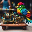 A colorful bird standing on a table with a mechanical contraption