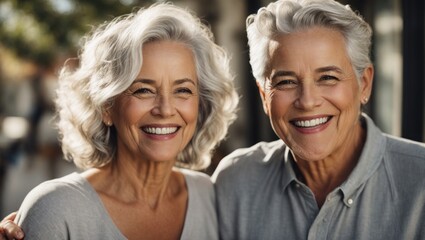 Two elderly people smiling at the camera