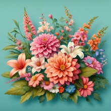 A Colorful Floral Arrangement On A Turquoise Background Including Pink And Orange Dahlias, White And Pink Snapdragons, Orange Lilies, And Pink And Orange Zinnias With Greenery Such As Ivy And Ferns
