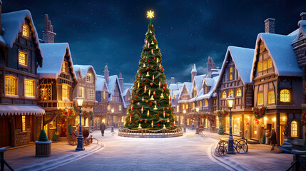 Christmas old historical village at magical winter night. Postproducted generative AI illustration.