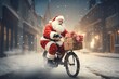 A Santa Claus riding a bicycle carrying gifts in a snowy winter background